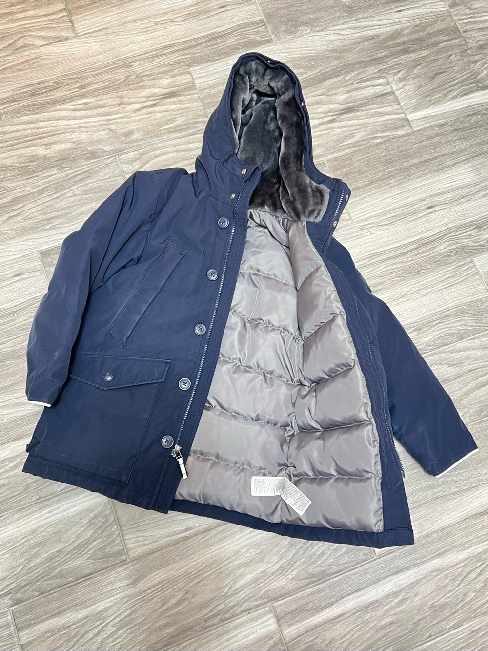 GAP Navy Blue Kids Puffer Jacket with Gray Quilted Lining